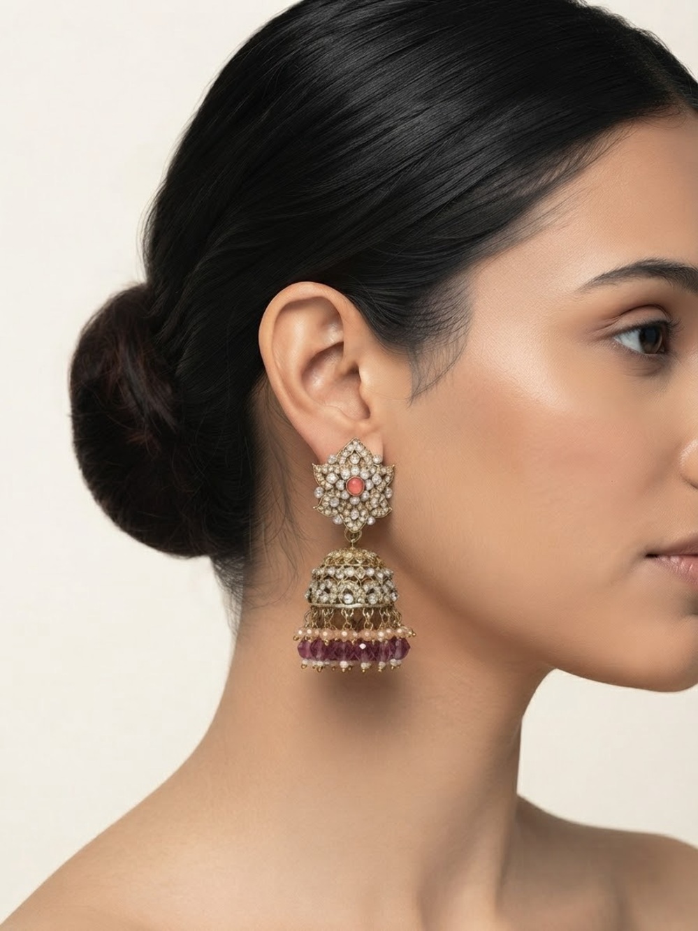 Gold and Pink Stone Jhumka Earrings - Women Jewelry only for 30$